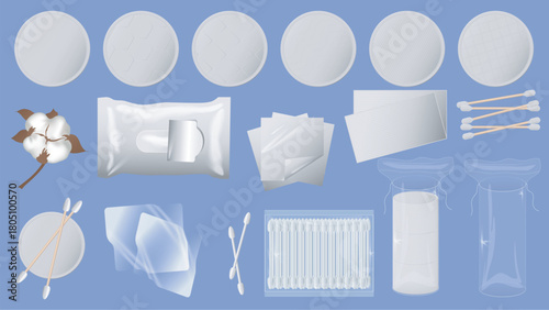 Hygiene makeup cosmetics graphic elements set. Collection of white pad, cotton flower, wet wipe pack, swab on transparent bags, more cosmetology cleansing products for skin. Vector illustration.