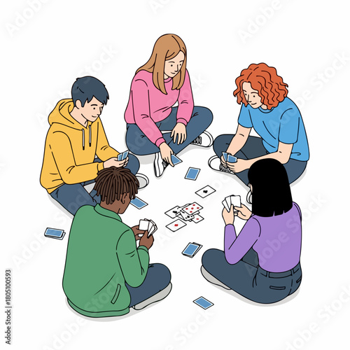 Flat Style Depiction of People Playing Card Game Together Illustration