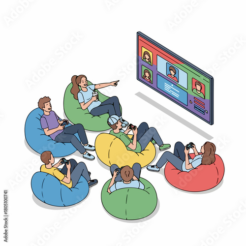 Modern Hand Drawn People Relaxing on Beanbag Chairs Watching Online Meeting Illustration