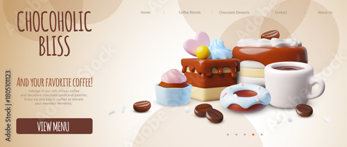 Chocoholic bliss advertising vector landing page, coffee cup and chocolate desserts, realistic cupcake, donut and cakes