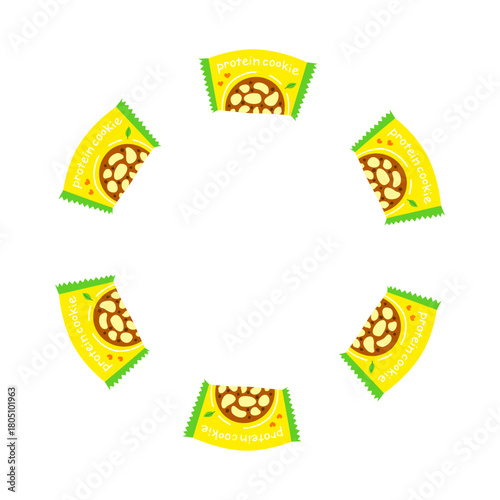 Round wreath with cute flat protein cookie in packs isolated on white background.