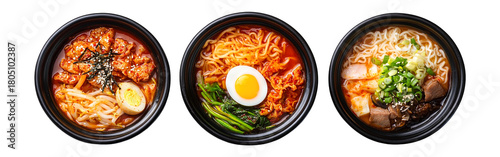 Set of top view tasty delicious Korean food isolated on a transparent white background, clipping path, pen tool
