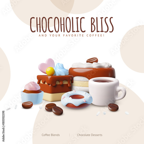 Chocoholic bliss advertising vector web, app design, coffee cup and chocolate desserts, realistic cupcake, donut cakes