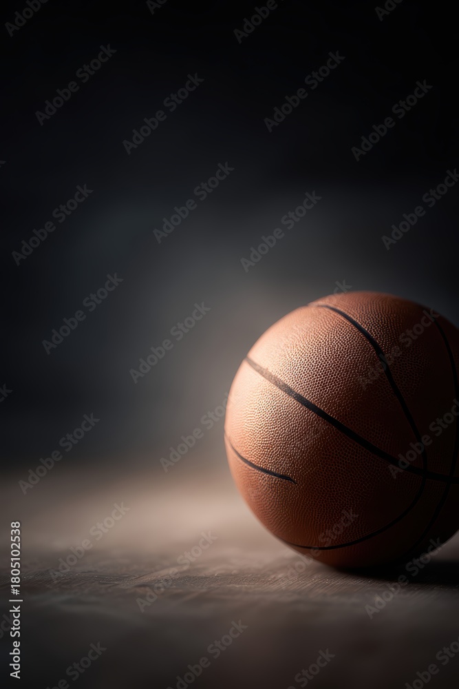 Obraz premium 235. basketball on court under spotlight, professional tone, natural window light, clean background for typography, generic props only