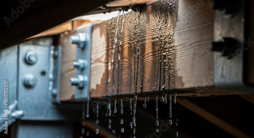 Leak in roof with water dripping from wooden beams and metal supports inside structure. Leak creates puddles on floor and damages wood, prompting urgent repairs needed.