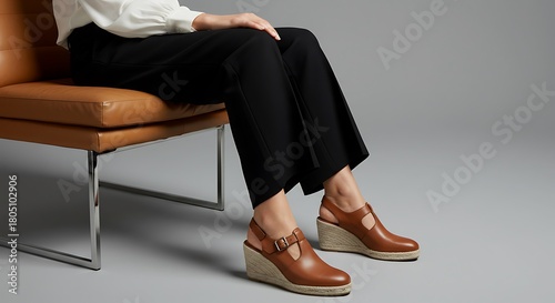 A fashionable woman in classic black trousers sits on a modern tan leather chair, showing off her stylish brown wedge heeled sandals