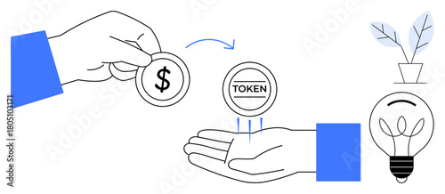 Hands trading a dollar coin for a token, symbolizing financial transactions and tokenized assets. Ideal for blockchain, fintech, innovation, investment, economy, growth cryptocurrency. A simple flat