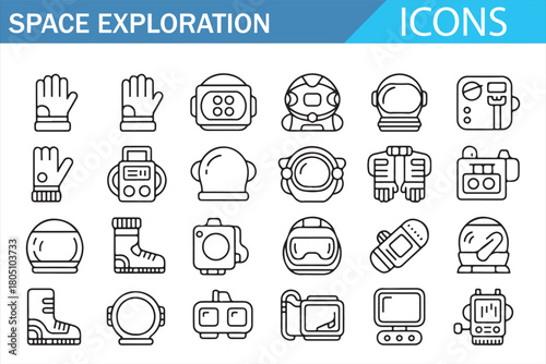 Outline Symbols for Space Missions, Tools, and Astronaut Gear