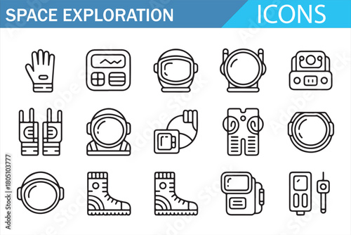 Astronaut Apparel and Space Technology Outline Icons