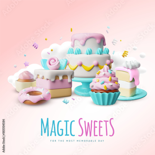 Magic sweets for the most memorable day 3D cartoon vector advertising design, festive desserts, cakes, cupcake and donut