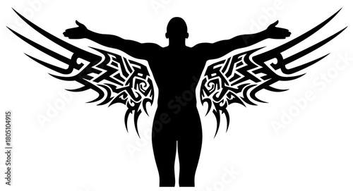 A bold black silhouette stands with arms extended, flanked by symmetrical tribal-style wings. The sharp, angular patterns evoke strength, transformation