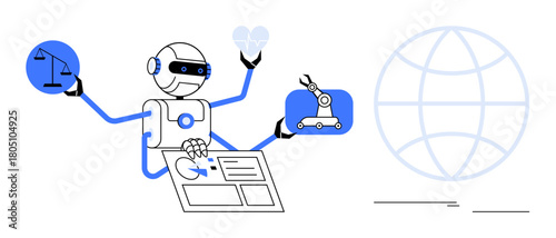 Robot analyzing data, holding justice scale, heart, robotic arm model, and screen near globe. Ideal for AI, technology ethics, automation, innovation global strategies robotics future trends