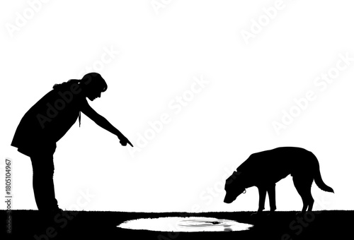 A minimalist black-and-white silhouette captures a moment of communication between a person and a dog. The human gestures toward a puddle while the dog observes,