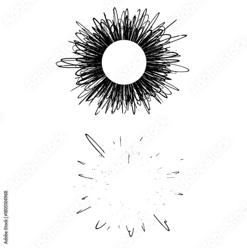 Two abstract circular designs explore the tension between chaos and calm. The top burst radiates dense, spiky energy with overlapping black lines,