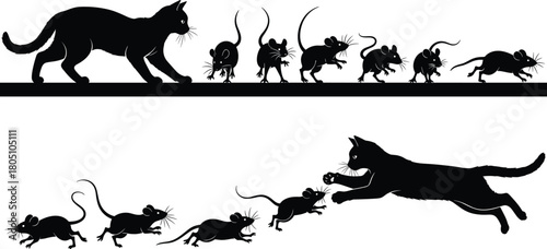 Silhouette of cat stalking line of mice and chasing running rats, predator hunting prey, pest control concept vector