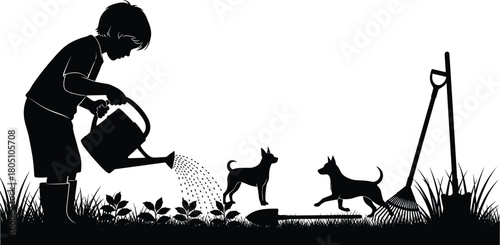 Silhouette of boy watering plants, child gardening with dogs, watering can and tools, nature vector illustration, summer outdoor activity.