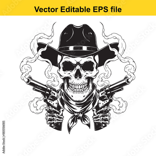 Skull cowboy with guns, isolated on, vector illustration