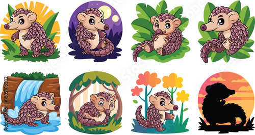 Set of Adorable Cartoon Pangolin Illustrations in Different Scenarios Keywords: pangolin, cute, cartoon, animal, wildlife, character, illustration, set, collection, nature, jungle, forest, night
