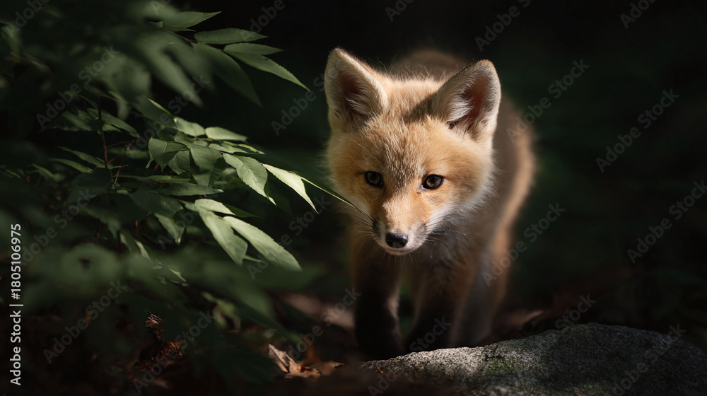 Obraz premium Intimate portrait of a curious fox kit emerging from the shadows. Evokes themes of wildlife, nature, and vulnerability. Ideal for conservation or educational content.