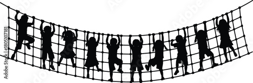 Silhouette of children climbing on rope net, kids playing on playground obstacle course equipment, active childhood recreation vector illustration