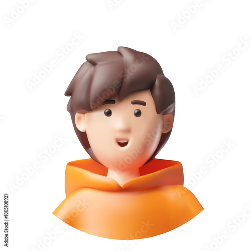 Brunette teenager boy 3D vector avatar, cartoon smiling guy character in orange hoodie, schoolboy, student, pupil