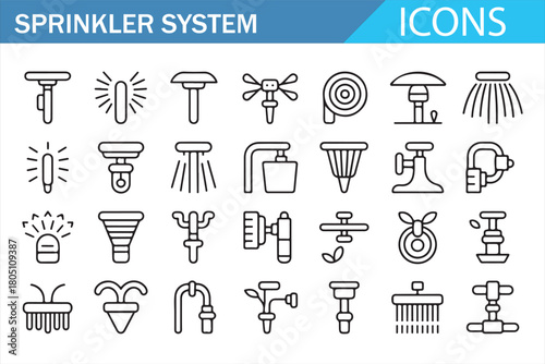 Line Style Sprinkler and Irrigation System Icons Set