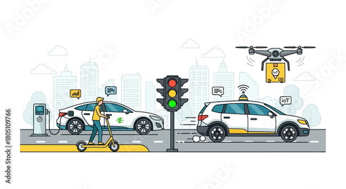 Cityscape with electric vehicles, scooter, drone, and traffic lights illustration.
