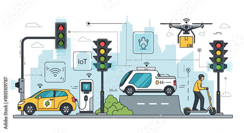 Smart city with autonomous vehicles, drone delivery, and electric charging stations.