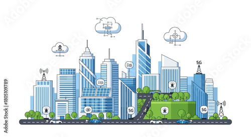 Illustration of a smart city with connected buildings and infrastructure.