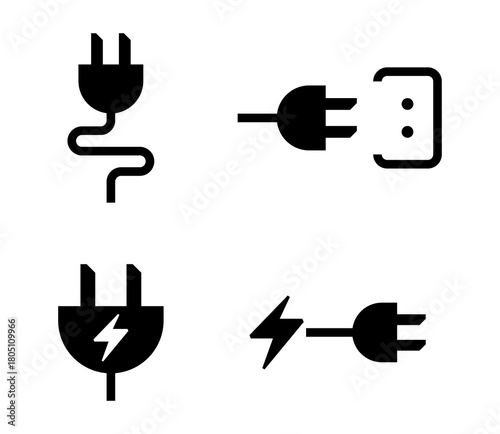 Conjunto de iconos de conexión de energía eléctrica. Suministro y transferencia de energía. Enchufe con cable, toma corriente, conexión. Ilustración vectorial