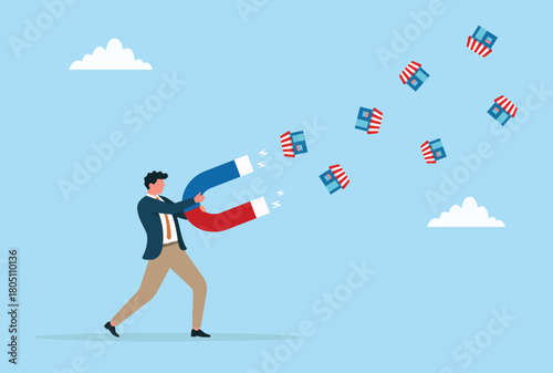 Vector illustration of a businessman using a giant magnet to attract multiple stores, symbolizing business growth, customer acquisition, and market expansion
