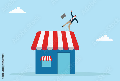 Vector illustration of a businessman losing balance on top of a shop, symbolizing business risks, instability, and challenges faced while managing a small business
