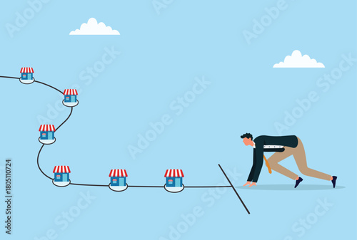 Vector illustration of a determined businessman starting a challenging journey toward growing small shops, symbolizing business development, progress path, and entrepreneurial success
