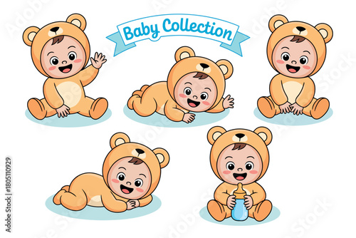 A collection of adorable cartoon babies dressed in cute bear costumes engaging in various playful activities and expressions.