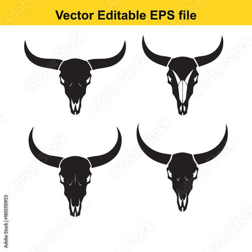 Set of four black bull skulls with horns, isolated on