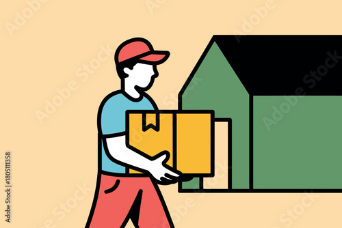A delivery person in a cap carries a cardboard box towards a building, symbolizing logistics and shipping services.