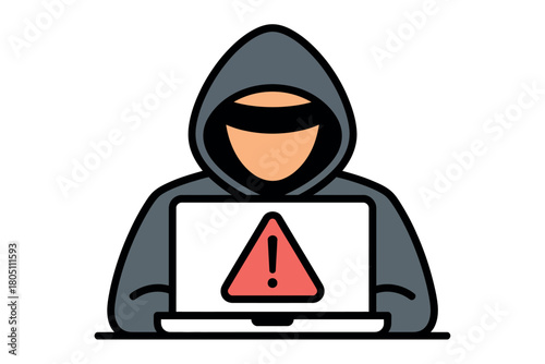A hooded figure with a mask on a laptop displays a warning sign, representing online danger.