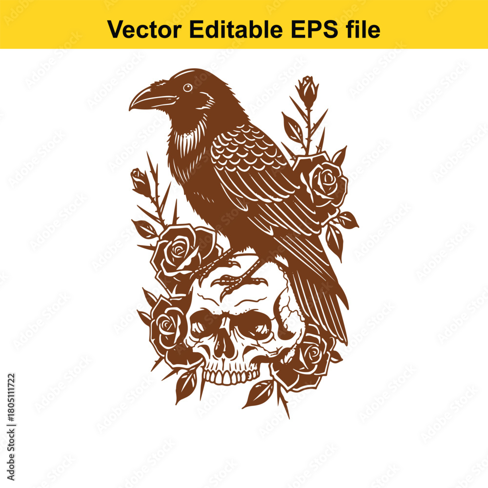 Fototapeta premium Brown crow perched on a human skull surrounded by roses, gothic art, vector illustration isolated on