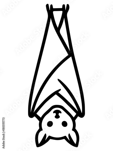 Minimalist line drawing of a cute bat hanging upside down with wings wrapped around its body, clean black outline on a white background—perfect for stickers, Halloween decor, and playful branding.
