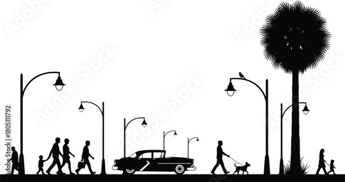 Silhouette of people walking on street with vintage car and palm tree, pedestrians passing by under streetlights, urban city life vector