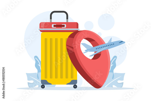 Travel concept with airplanes, clouds, blue passports, and luggage placed before large location pins, illustrating journey planning and vacation design themes.