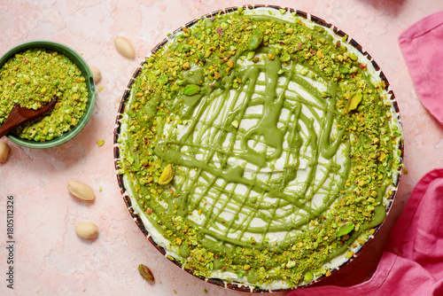 Fototapeta Naklejka Na Ścianę i Meble -  Pistachio tiramisu. top veiw .selective focus.