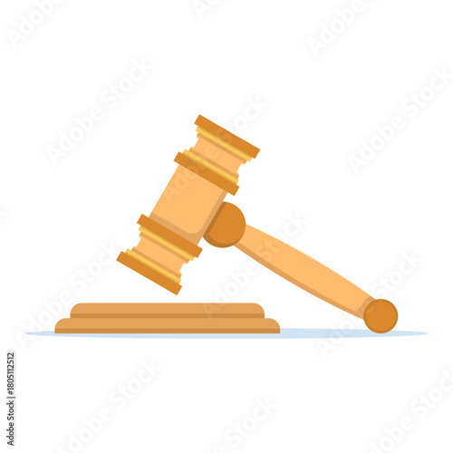 Flat design illustration of a wooden judge's gavel and sound block, symbolizing law, justice, and legal authority.