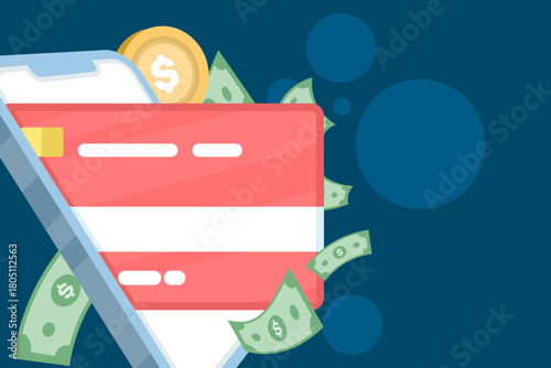 Illustration of a modern smartphone with a bank card, representing phone payment, secure online transactions, mobile banking, and digital finance.