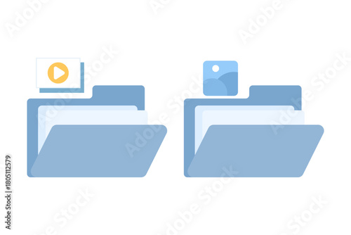 Illustration of digital archives with multimedia organization, showing video folders and file management for efficient storage and content organization in a flat vector style.