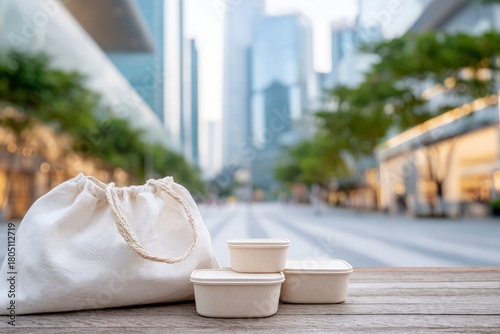 Fototapeta Naklejka Na Ścianę i Meble -  Eco-friendly bag, reusable food containers arranged on wood surface, city street background.