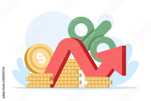 Illustration of personal finance and investment planning, showing savings, strategies, ROI, and an upward arrow, symbolizing financial growth and successful money management.