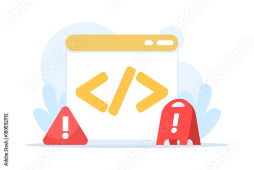 illustration of a program with errors, featuring warning signs, programming symbols, and notifications, representing coding issues, script problems, and software debugging concepts.