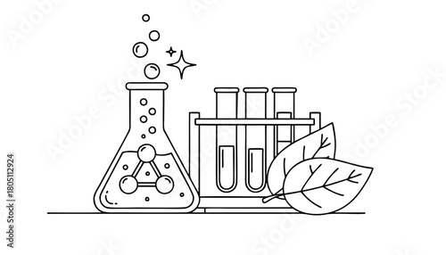 Laboratory Equipment with Bubbles and Leaves Line Art.