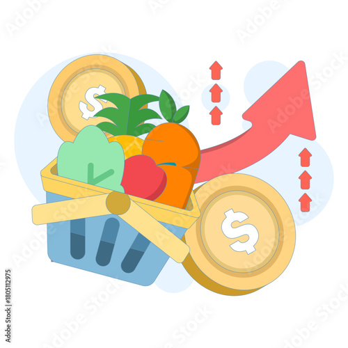 Inflation concept shown with a shopping cart full of groceries and an upward arrow, representing rising prices, costly essentials, and ongoing economic challenges.
